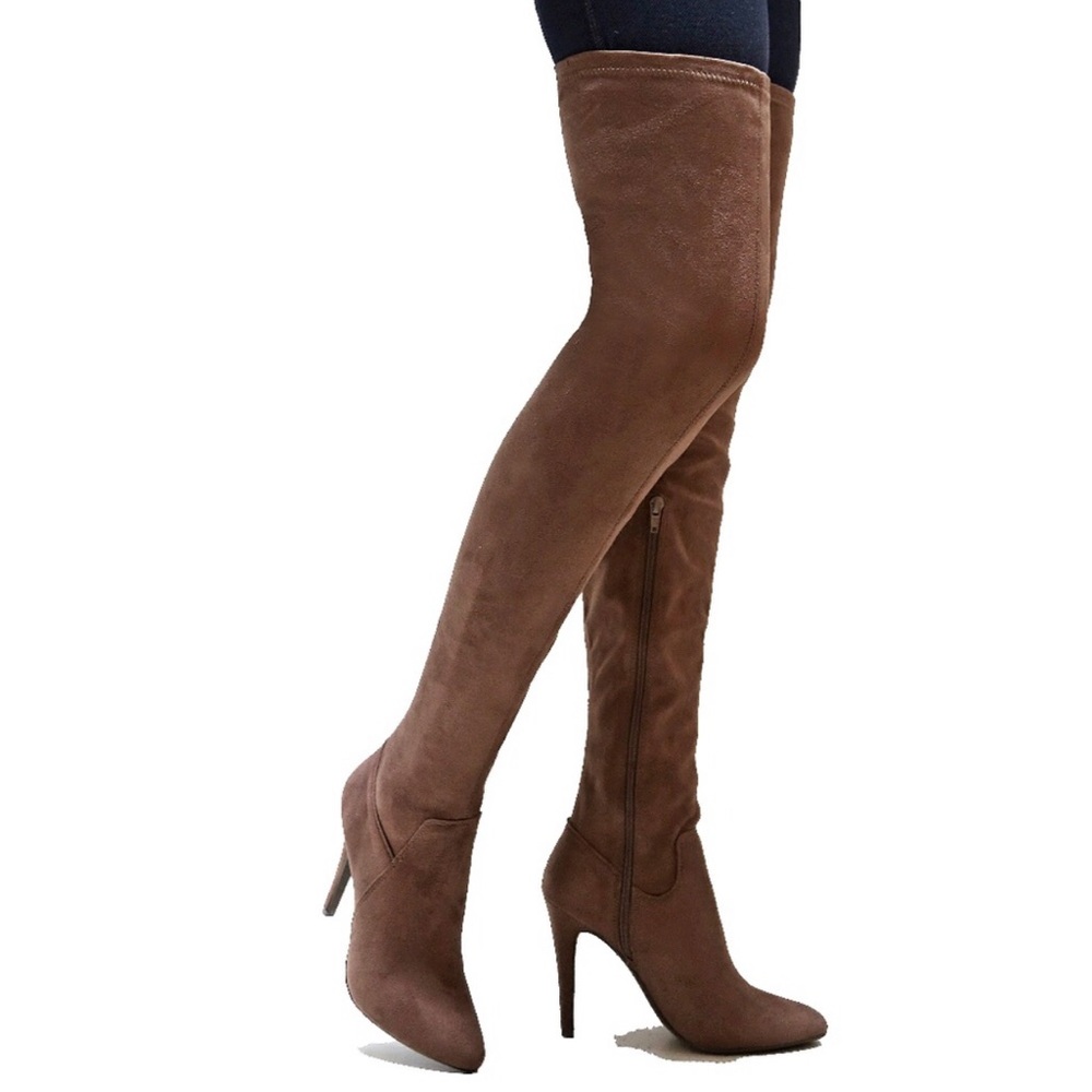 Taupe Over The Knee Pointy Toe Stiletto Heel Boots